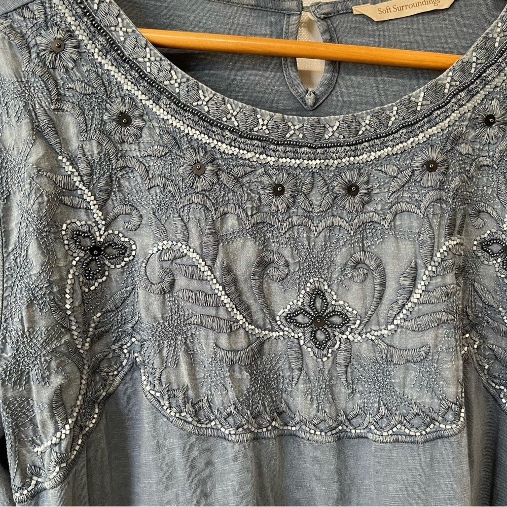 Soft Surroundings Blue Embroidered Beaded Tunic - Picture 2 of 10